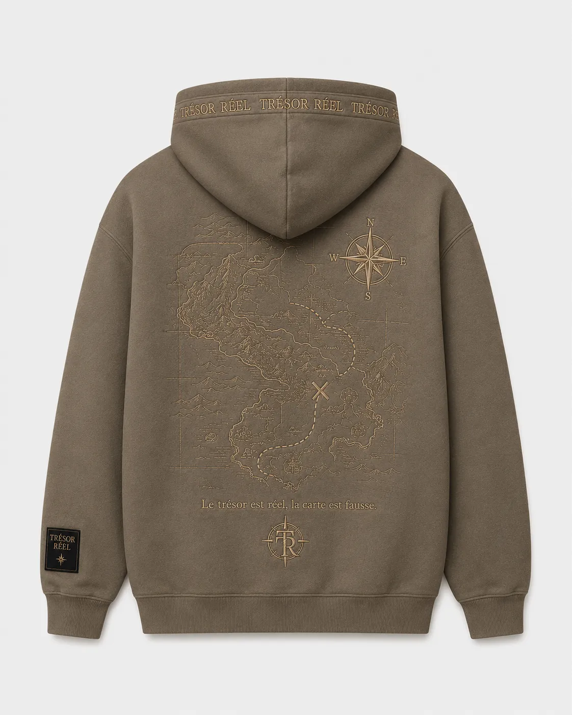 Pull taupe, vue de dos avec motifs imprimés